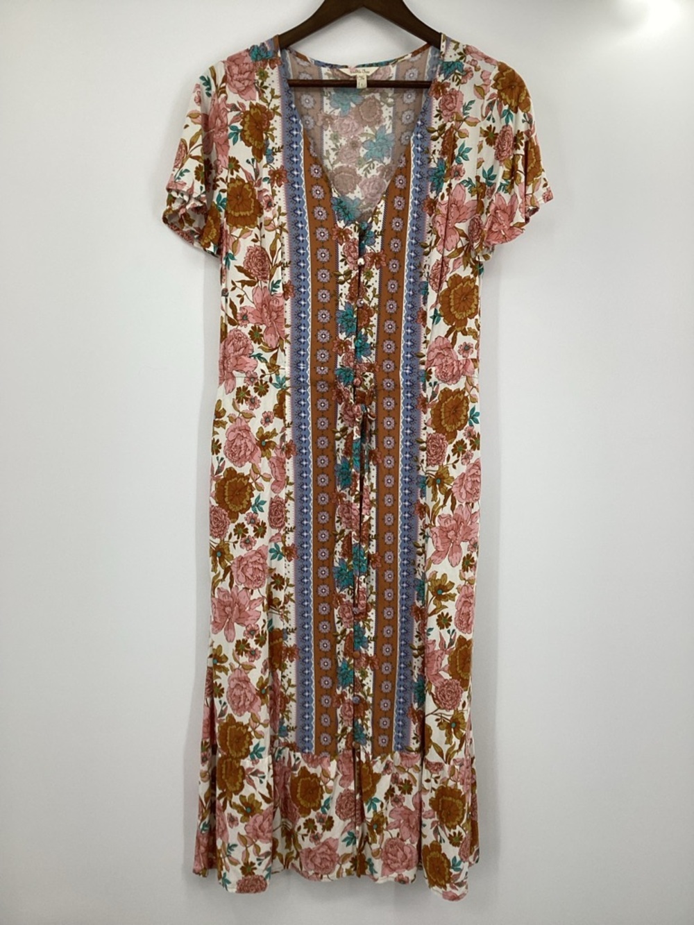 Matilda Jane Just For a Moment Floral V-Neck Midi Dress in Pink, Brown and Teal - Picture 2 of 12